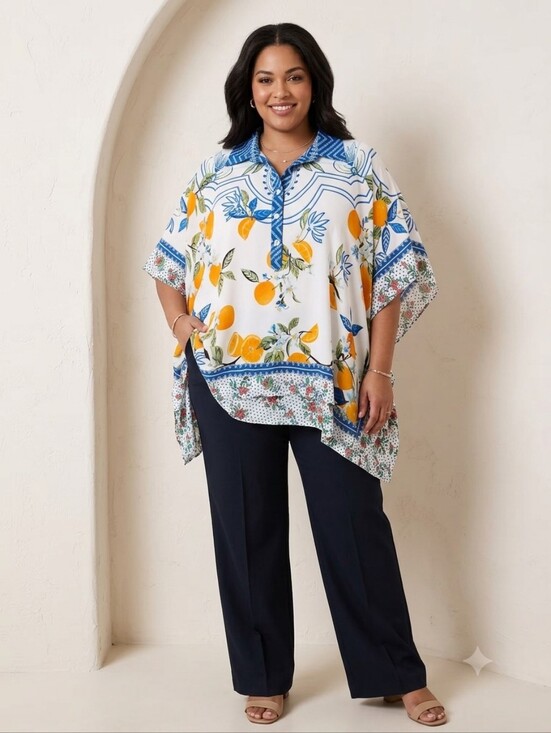 John Mark Tops - John Mark Tunic/Poncho Style Shirt With Vibrant Citrus Print With Blue Accent